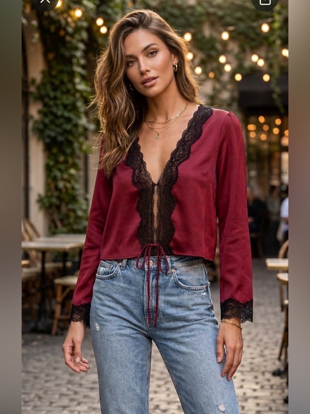 ZARA coquette Burgundy Lace Trim Tie-Front Cropped Blouse - Size XS